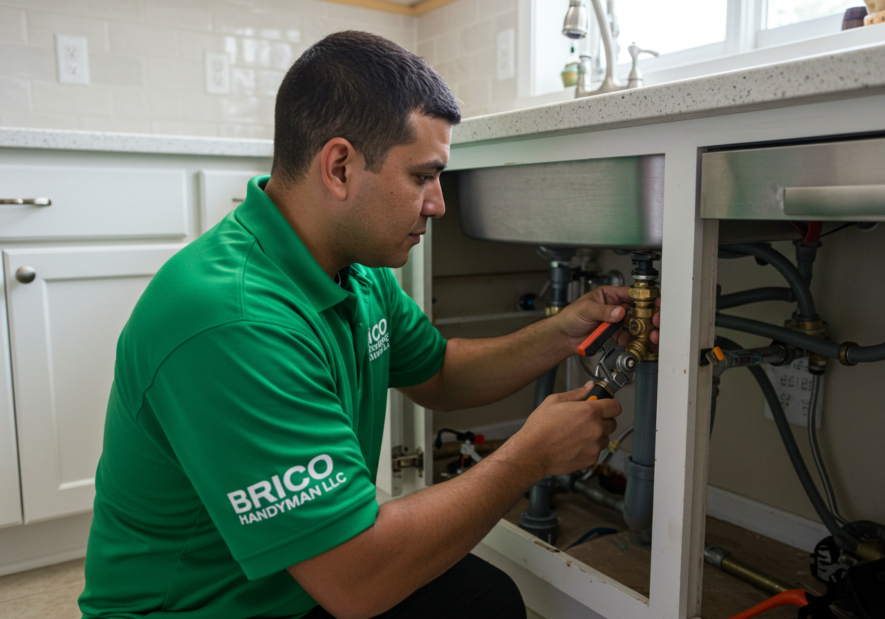 Professional Brico handyman performing plumbing repair work in modern kitchen - showcasing our skilled craftsmanship