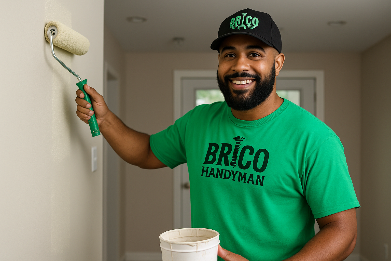 Professional Brico handyman in branded green uniform with paint roller, ready to work